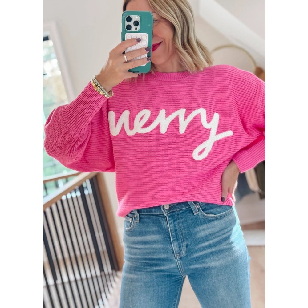 Avara Merry‎ Sweater Womens Large Pink Knit Cotton Oversized Holiday Embroidered